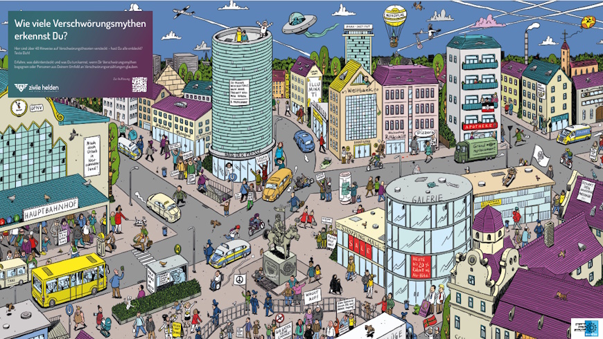 Wimmelbild Verschwörungsmythen