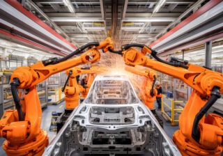 Fertigungsstraße mit Schweißrobotern